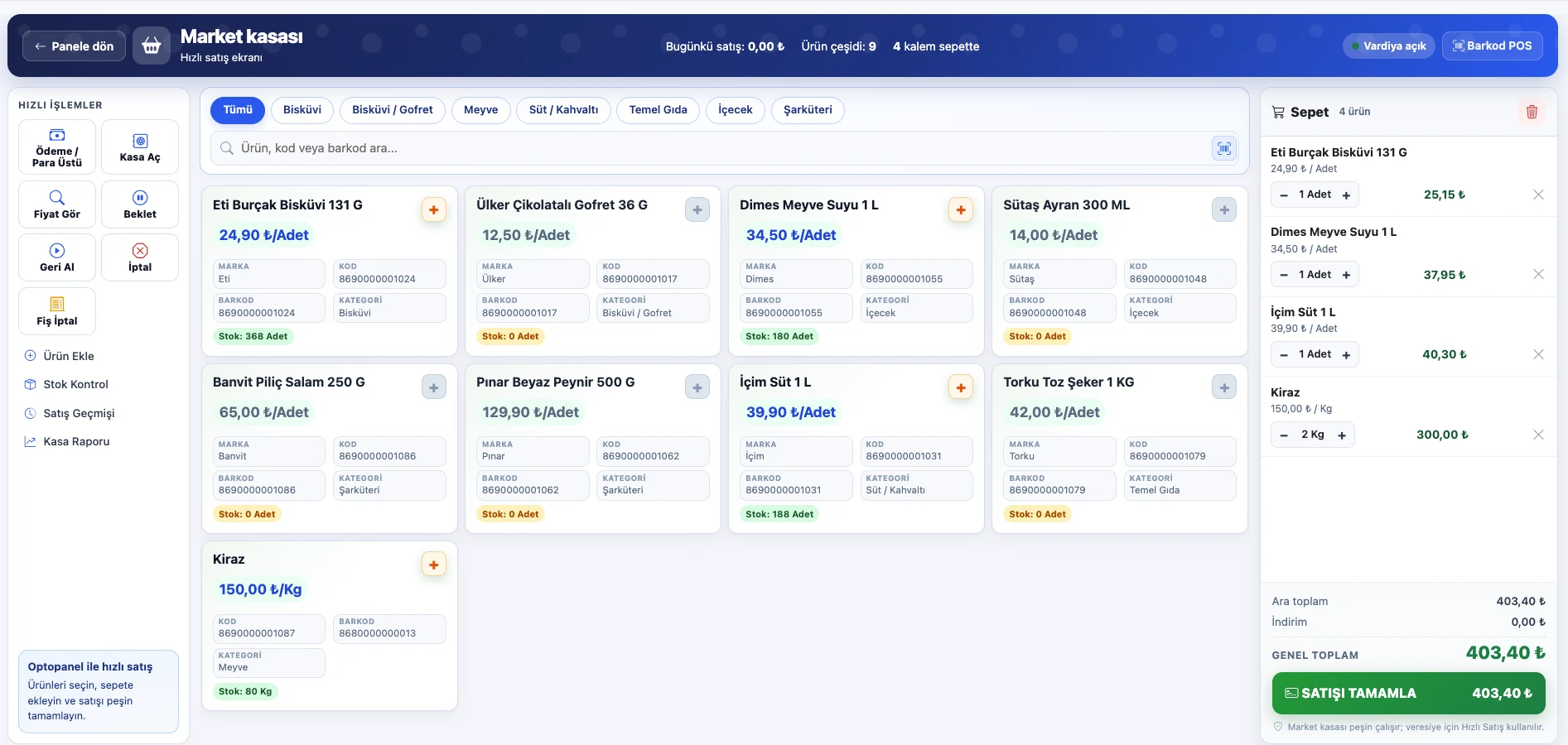 Optopanel Market Kasası ekranı