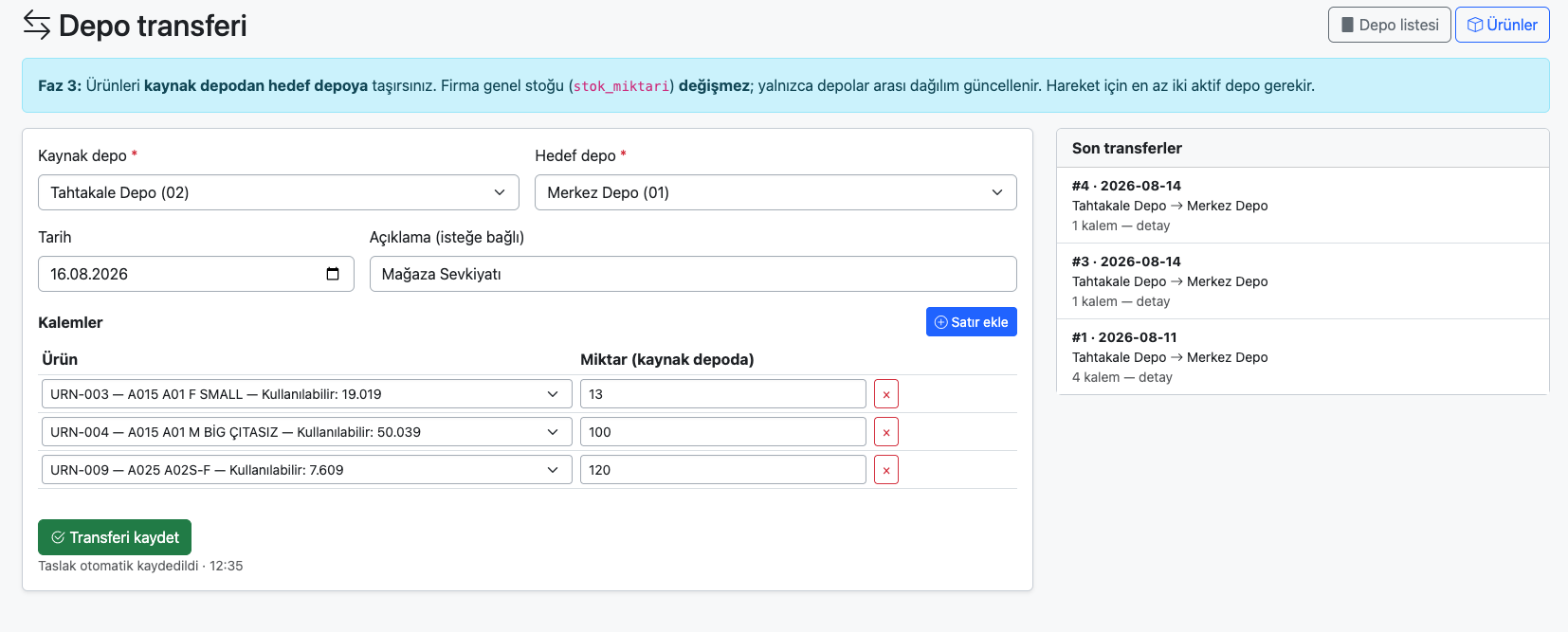 Optopanel depo transferi ekranı