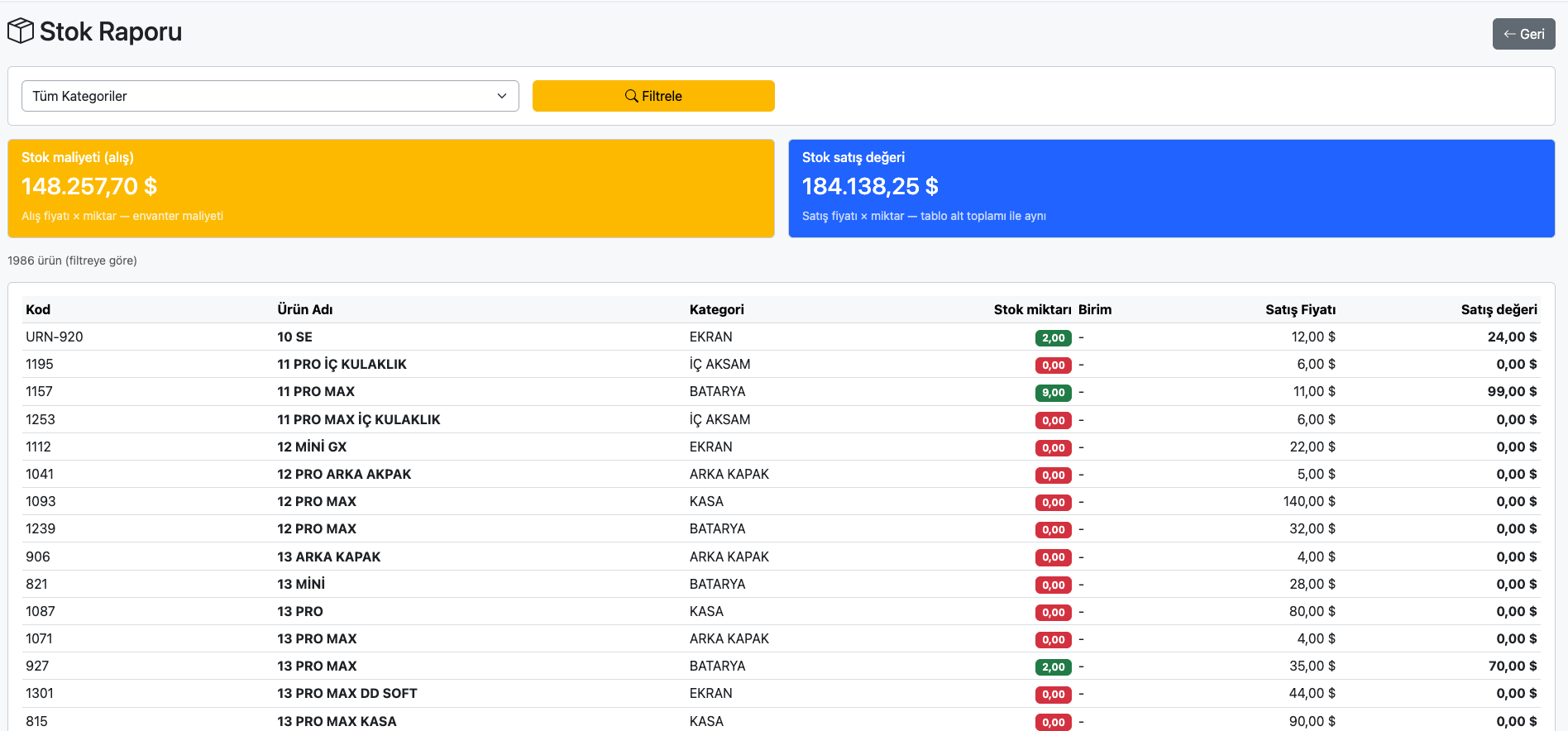 Optopanel stok raporu ekranı