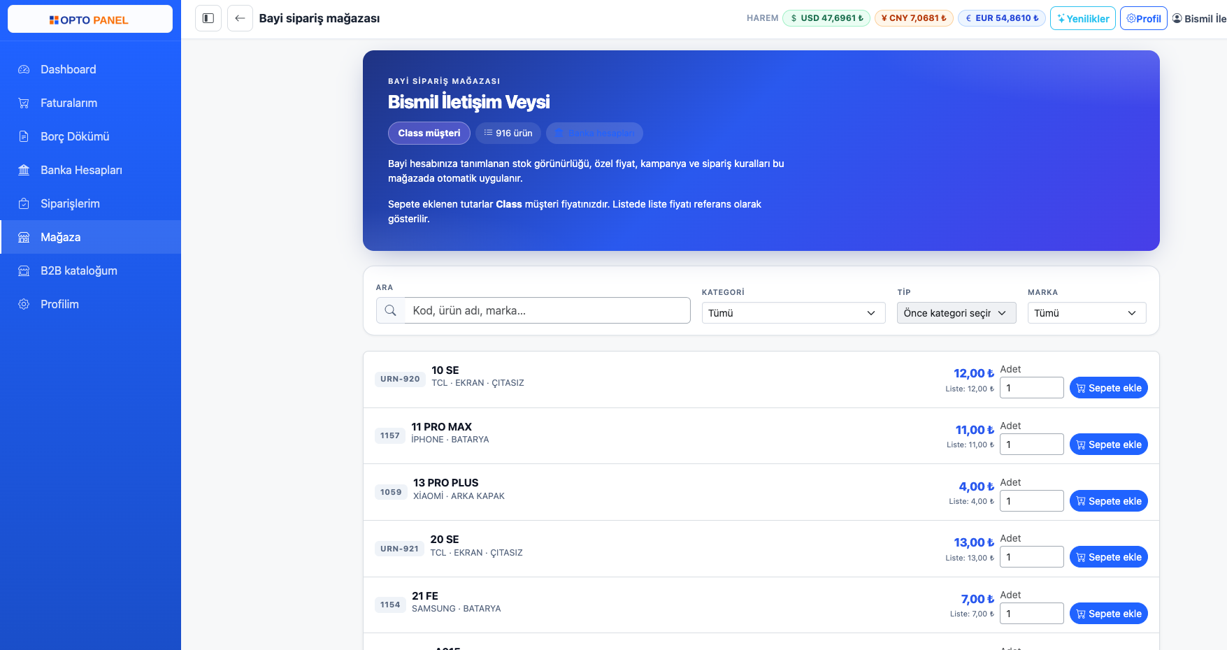 Optopanel kapalı B2B bayi portalı ekranı