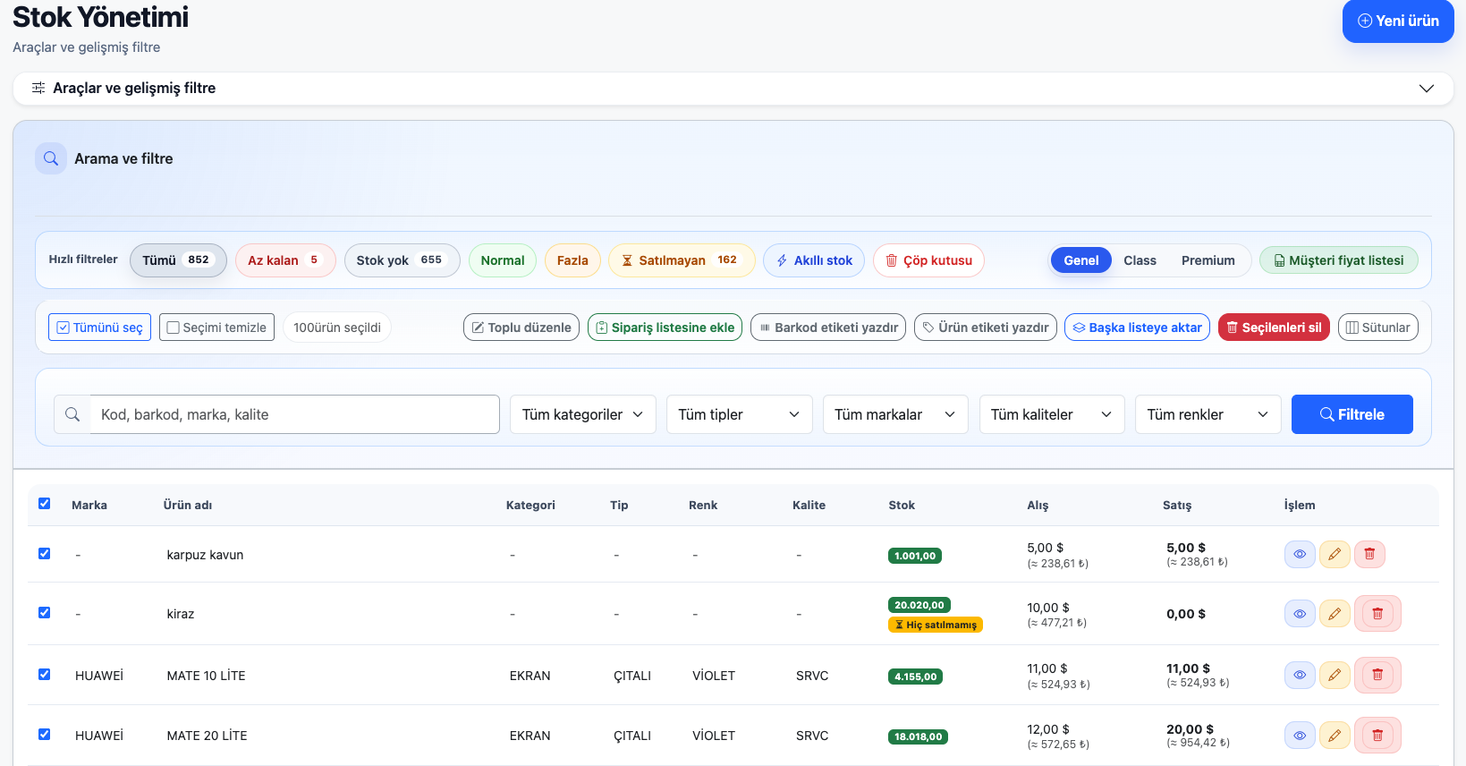 Optopanel stok ve fiyatlandırma ekranı