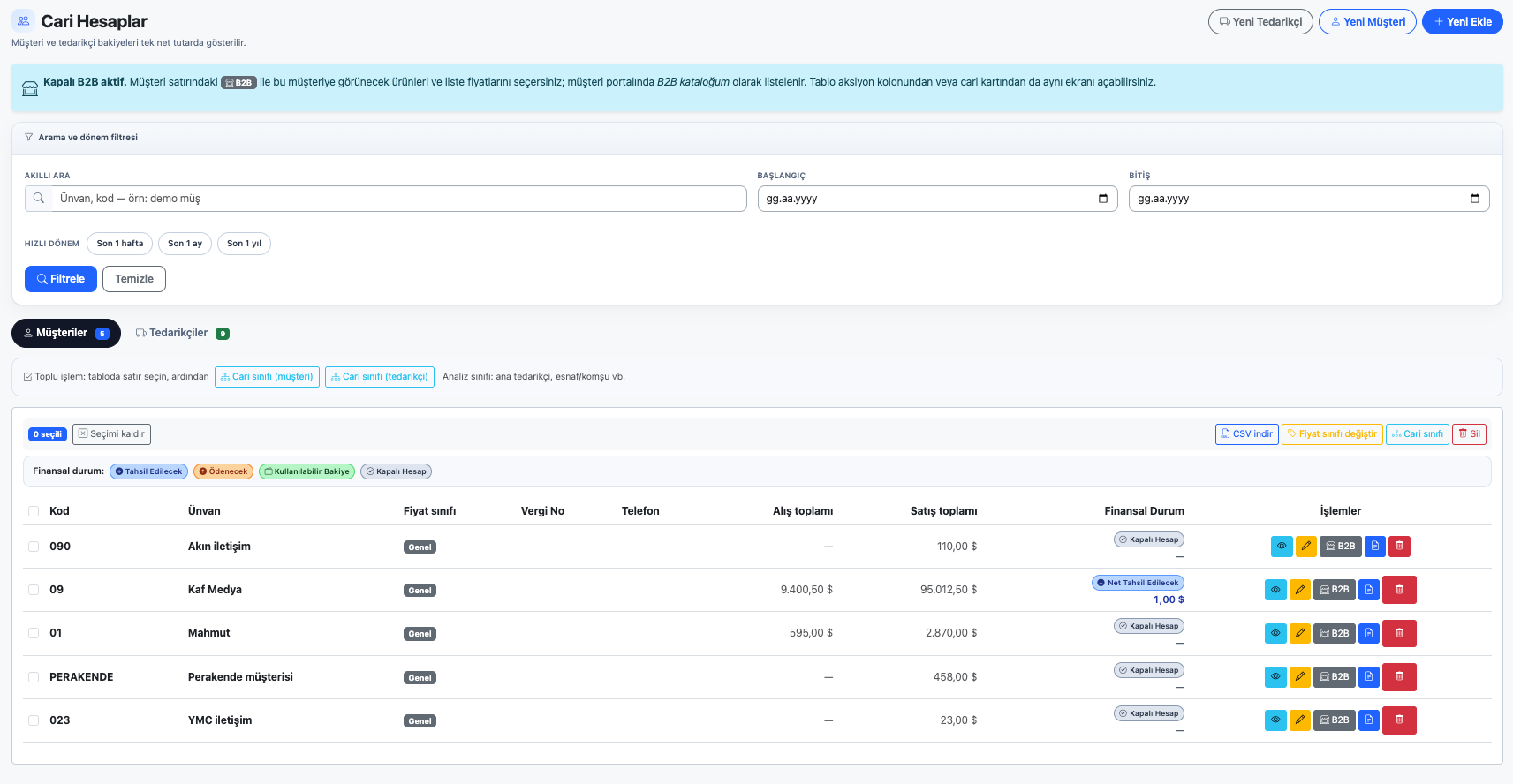Optopanel cari hesaplar ekranı
